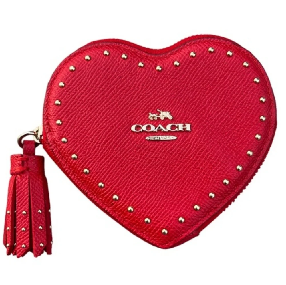 Coach Edge Studded Heart Coin Case Zip Close Crossgrain Leather Red Goldtone NWT - Picture 15 of 15